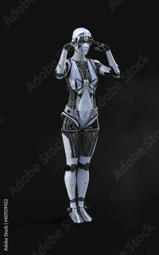 3D rendering of a female android robot posing on black background with clipping path.