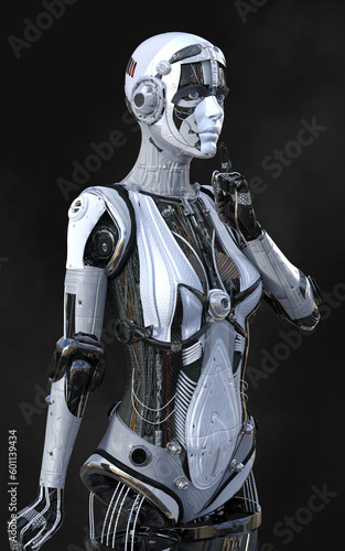 3D rendering of a female android robot posing on black background with clipping path. © mrjo_7