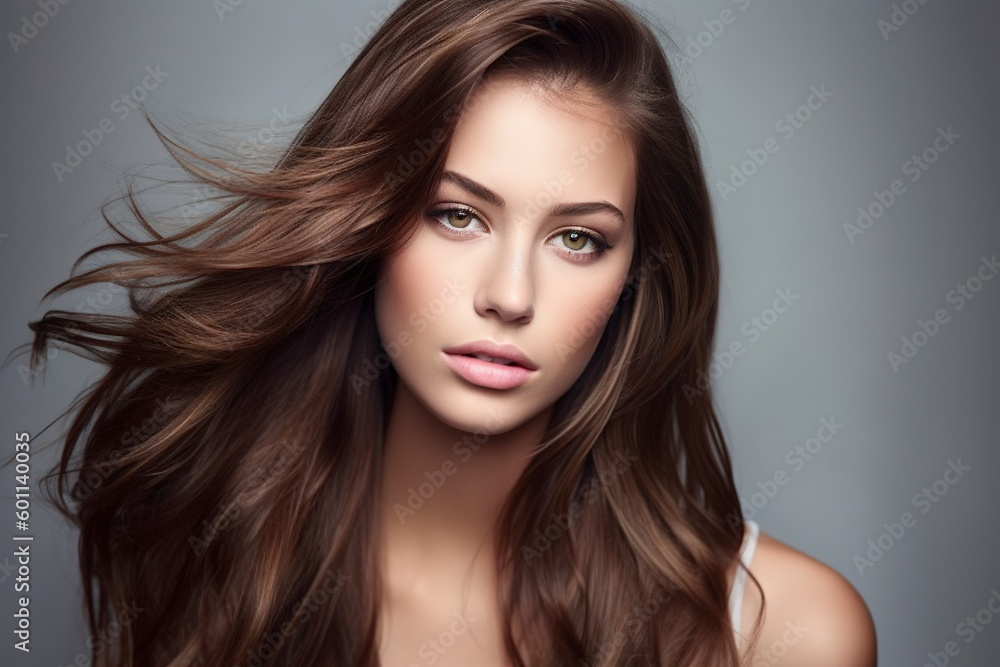 Portrait of a beautiful model with long straight hair, in studio for beauty advertising. Ai generated. Portrait of a beautiful model with long straight hair, in studio for beauty advertising. Ai generated.