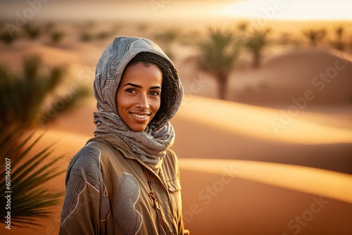 Beautiful young Moroccan woman with Arabic features  smiling in the desert. AI generated.