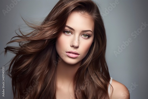 Portrait of a beautiful model with long straight hair, in studio for beauty advertising. Ai generated.