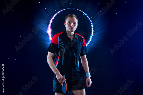 Table tennis player. Download a photo of a table tennis player for a tennis racket packaging design. Image for tennis ball box template.