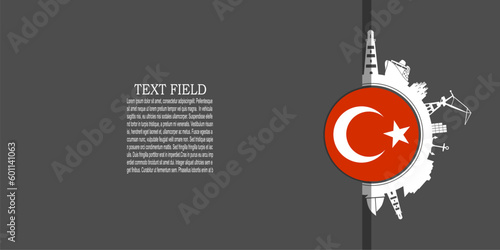 Circle with sea shipping and travel relative silhouettes. Objects located around the circle. Industrial design background. Flag of Turkey