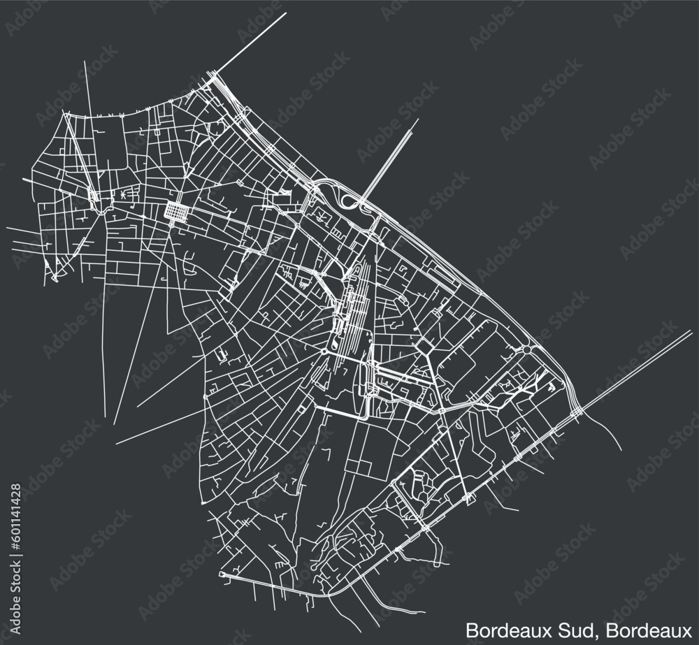 Detailed hand-drawn navigational urban street roads map of the BORDEAUX SUD QUARTER of the French city of BORDEAUX, France with vivid road lines and name tag on solid background