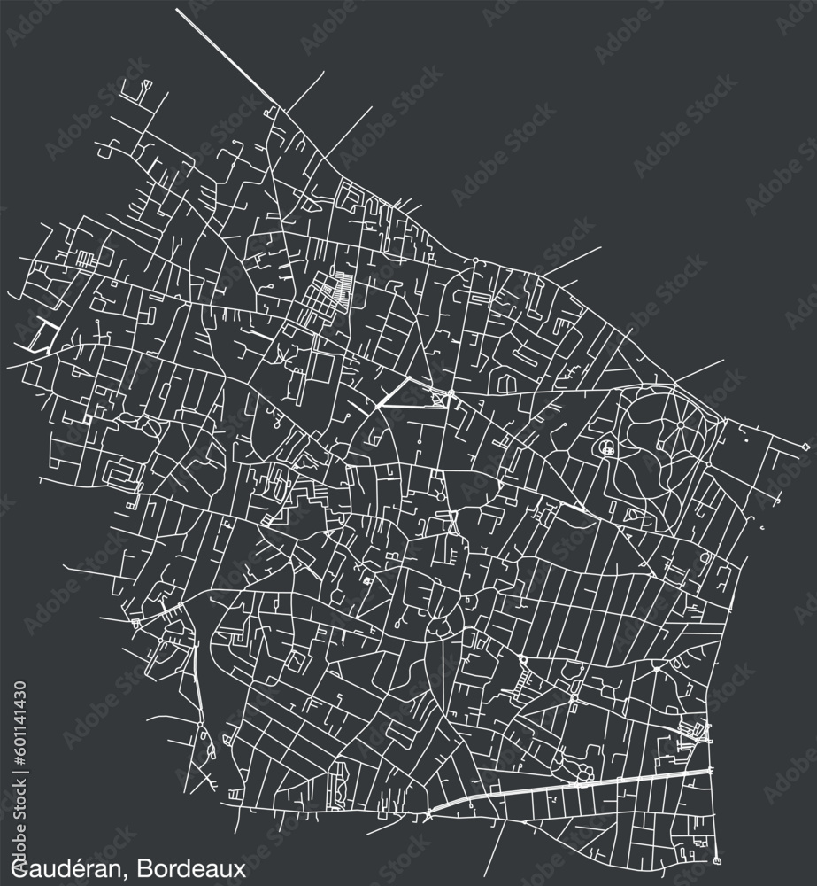 Detailed hand-drawn navigational urban street roads map of the CAUDERAN QUARTER of the French city of BORDEAUX, France with vivid road lines and name tag on solid background