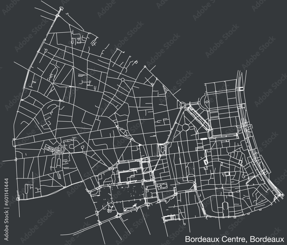Detailed hand-drawn navigational urban street roads map of the BORDEAUX CENTRE QUARTER of the French city of BORDEAUX, France with vivid road lines and name tag on solid background
