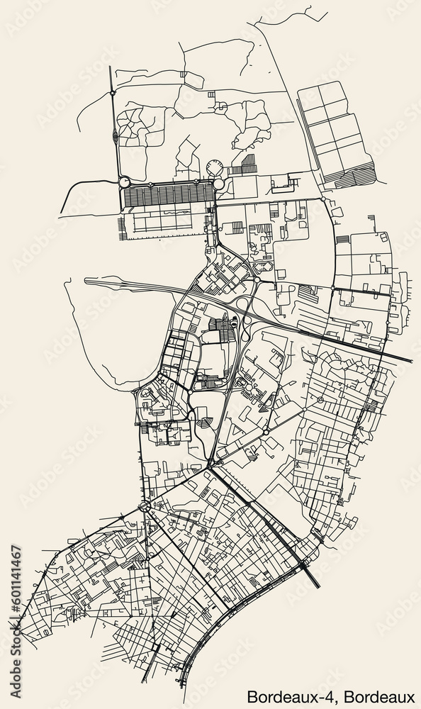 Obraz premium Detailed hand-drawn navigational urban street roads map of the BORDEAUX-4 CANTON of the French city of BORDEAUX, France with vivid road lines and name tag on solid background