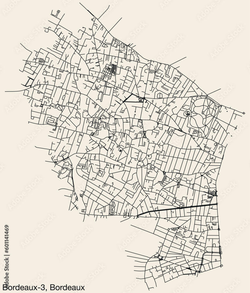 Detailed hand-drawn navigational urban street roads map of the BORDEAUX-3 CANTON of the French city of BORDEAUX, France with vivid road lines and name tag on solid background
