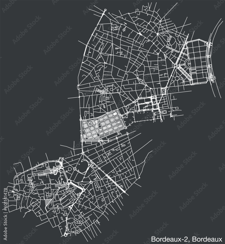 Detailed hand-drawn navigational urban street roads map of the BORDEAUX-2 CANTON of the French city of BORDEAUX, France with vivid road lines and name tag on solid background