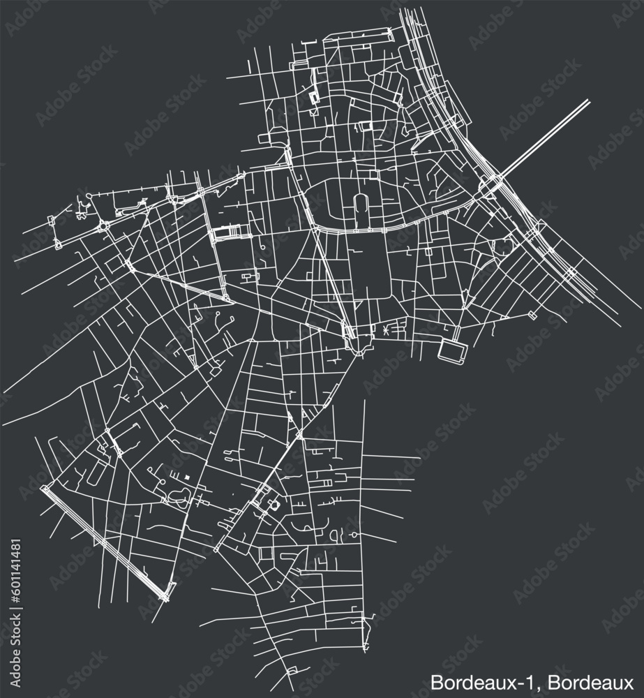 Detailed hand-drawn navigational urban street roads map of the BORDEAUX-1 CANTON of the French city of BORDEAUX, France with vivid road lines and name tag on solid background