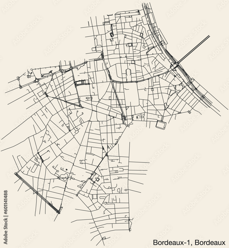Detailed hand-drawn navigational urban street roads map of the BORDEAUX-1 CANTON of the French city of BORDEAUX, France with vivid road lines and name tag on solid background