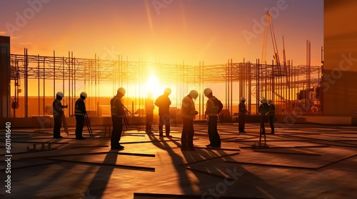 Silhouettes of Engineers and workers inspecting a project on a building site background, construction site at sunset, Generative AI © Salsabila Ariadina