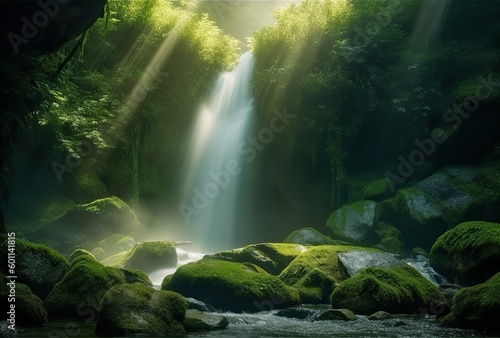 A waterfall in the forest with the sun shining through the trees Natural waterfall with rocks moss