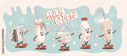 Set of cute groovy milk characters and elements for poster of sticker design. Retro character, hippie 70s style, milk mascots, bottle, package, milk foam. Vintage vector set
