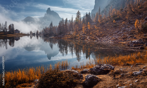 The beautiful nature landscape. Great view on Federa Lake early in the morning. The Federa lake with the Dolomites peak, Cortina D'Ampezzo, South Tyrol, Dolomites, Italy. popular travel locations