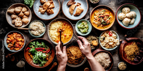 Various of asian food and meals on rustic background , top view 