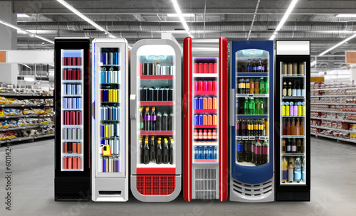 Slim Fridges Horizontal photo mockup Energy drink, Soda pop, Soft drinks cans and plastic bottles in Slim vertical freezer at supermarket. 