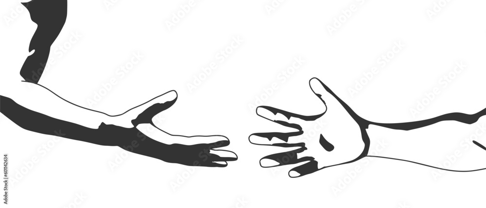 Human hands reaching out to one another, almost touching. Help concept