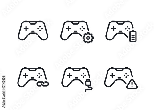 Minimalist black linear gamepad with action sign vector icons set. Settings, battery status, connection, connect the cable and warning sign gamepad action concept icon design.