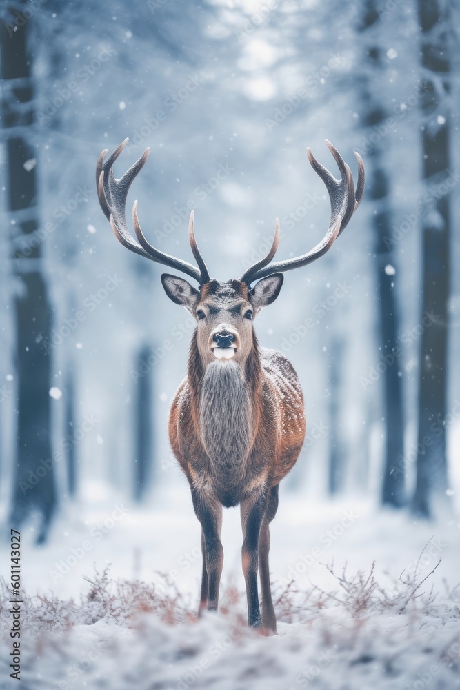Schöner Hirsch im winterlichen Wald, weihnachtliche Stimmung, Generative AI