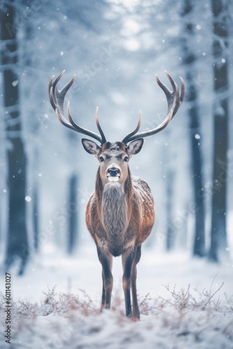 Schöner Hirsch im winterlichen Wald, weihnachtliche Stimmung, Generative AI