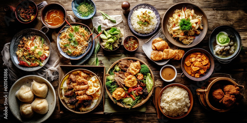 Various of asian food and meals on rustic background , top view 