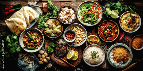 Various of asian food and meals on rustic background , top view  © Jasmina