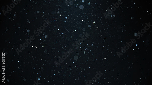 White snow falling on an isolated black background, bokeh of flying snowflakes, dust particles or powder in the air. 