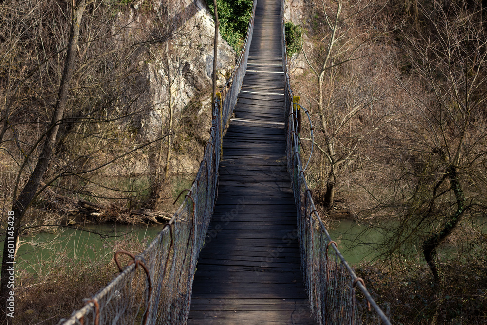 Fototapeta premium Old wooden bridge hanging over river in nature. Narrow footbridge crossing over forest rocks.