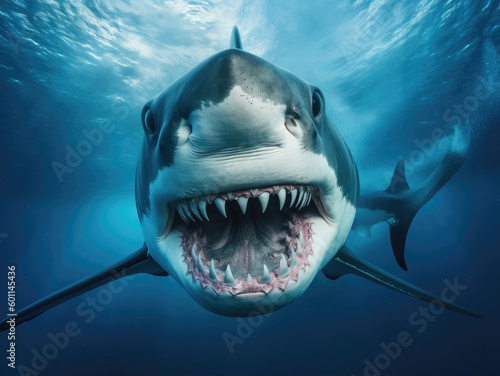 Photo of a Great Shark in blue water looking into the camera