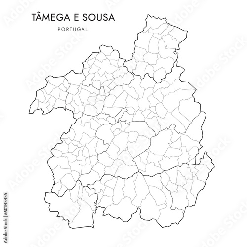 Vector Map of Tâmega e Sousa Subregion (Comunidade Intermunicipal) with administrative borders of Districts, Municipalities (Concelhos) and Civil Parishes (Freguesias) as of 2023 - Portugal