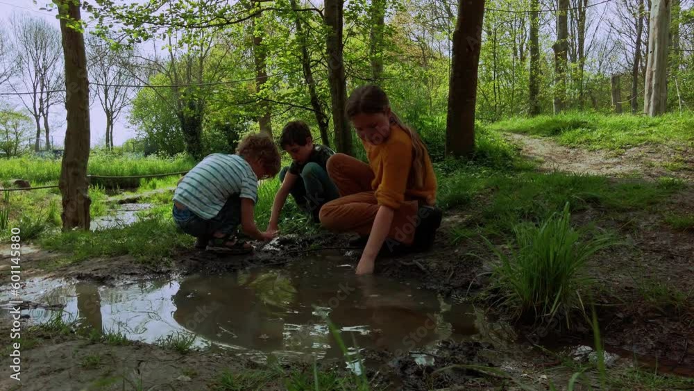 Young children play in a puddle in the nature playground in the park on a sunny spring day. Kids outdoors concept, low angle view static shot Real time, 60fps for slow motion Young children play in a puddle in the nature playground in the park on a sunny spring day. Kids outdoors concept, low angle view static shot Real time, 60fps for slow motion