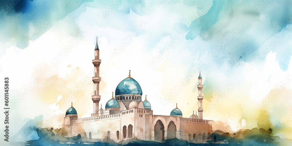 Obraz premium Inspiring Harmony: Watercolor Mosque Masterpiece with Ample Copy Space