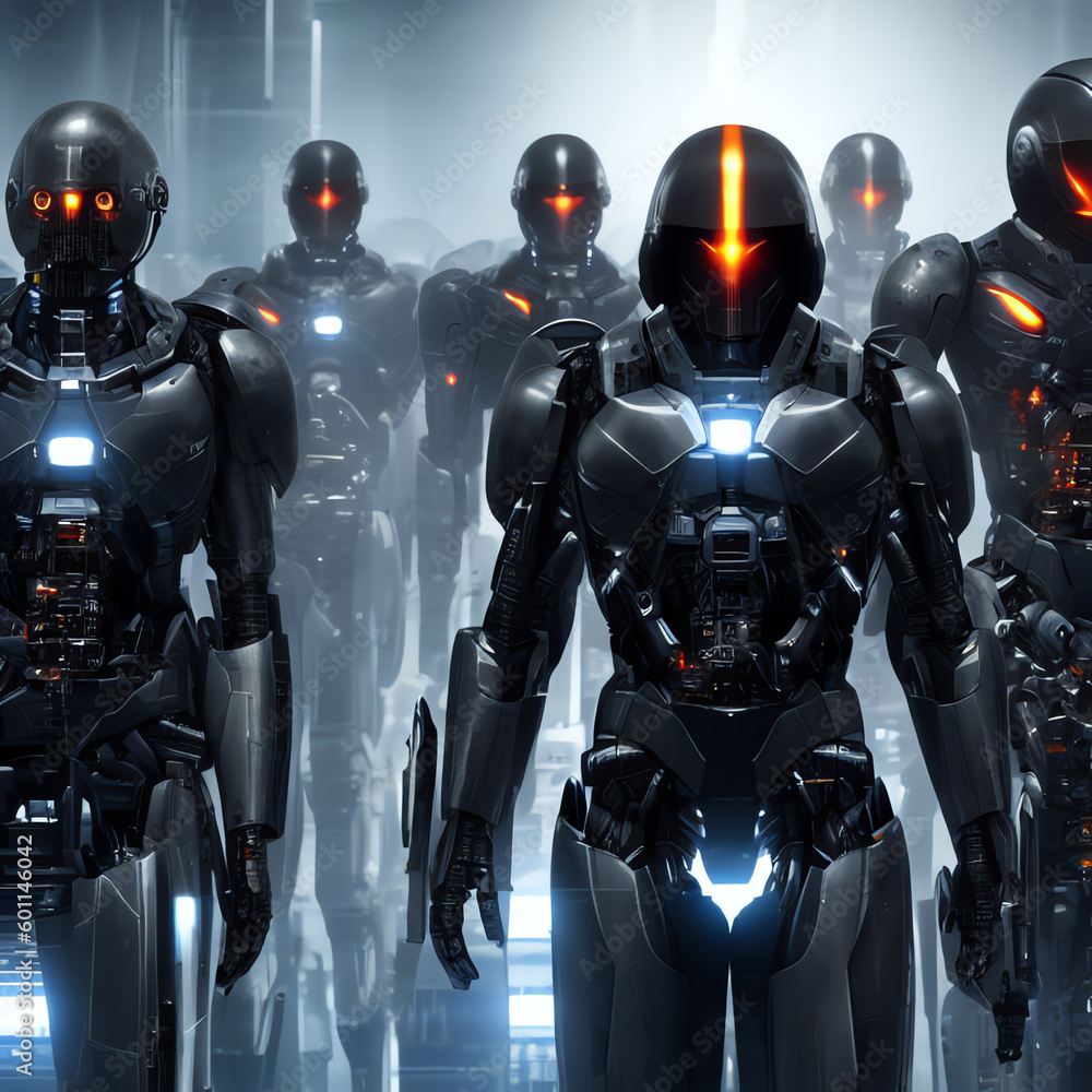 A group of menacing robots with orange lights in their heads stare down the camera in this striking AI illustration. Generative AI. A group of menacing robots with orange lights in their heads stare down the camera in this striking AI illustration. Generative AI.