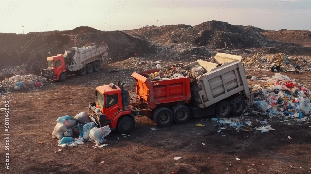 Landfill waste disposal. Garbage dump with waste plastic and polyethylene. Garbage truck unloads