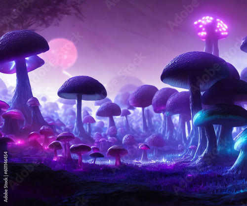 Glowing mushrooms on a fantasy land created with Generative AI.