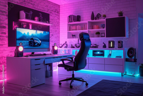 Gaming PC room with led lights in different colors. Ai generated illustration.