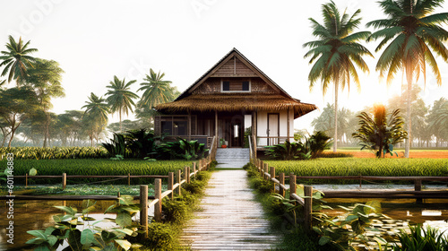 A house minimal style in the countryside of Thailand made of wood, made from cheap materials or savings that can be found locally, among the rice fields, realistic and detailed landscape, night view,  © Sasint