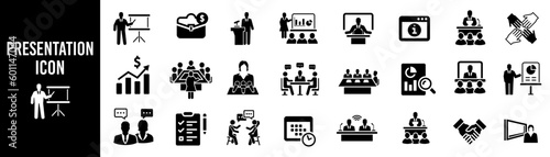 Business presentation icon set. Meeting, conference and business plan vector illustration.