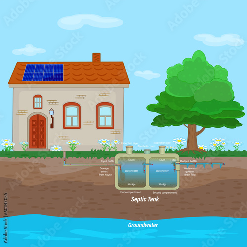 External network of private home sewage treatment system. Residential house with septic system and drain field scheme. Underground septic tank.Domestic wastewater infographic.Stock vector illustration