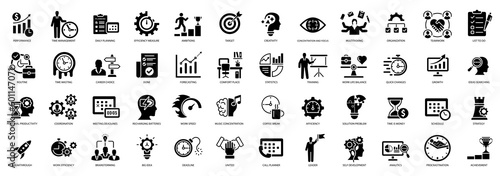 Productivity vector icons. Charts, communication, chat, speedometer