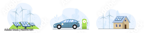 Eco energy set. Eco private house with solar energy panels a. Electric car. Renewable energy concept. Vector illustration.