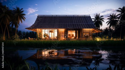 A house minimal style in the countryside of Thailand made of wood, made from cheap materials or savings that can be found locally, among the rice fields, realistic and detailed landscape, night view,  © Sasint