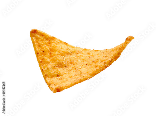 Nacho tortilla chip isolated on transparent layered background.