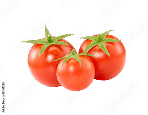 Three small tomatoes isolated on transparent layered background.