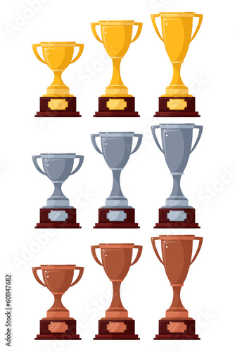 Set of vector images of cups, trophies on a white background. Awards. Prize for the winner of a contest or competition. Shiny goblets icons