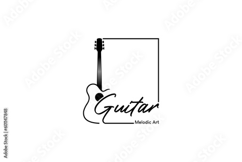 Acoustic guitar in box logo design template, guitar music vector art logo