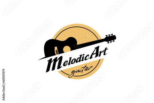 Acoustic guitar logo design template with silhouette, guitar music logo art vector