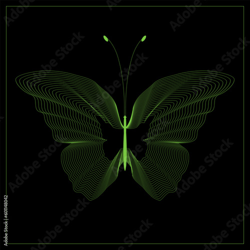 Abstract neon butterfly consisting of wireframe lines. Glowing structure. Retro futuristic design element. Psychedelic vector illustration Isolated on black photo