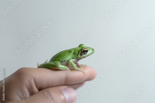 A little pretty lovely green cute frog sitting on a finger. 